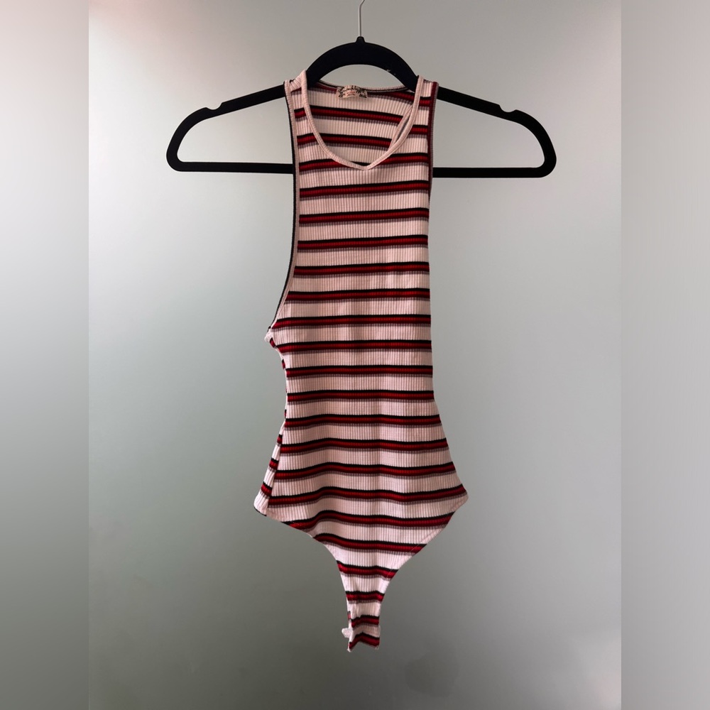 Free people white black and red striped racer back thong body suit
